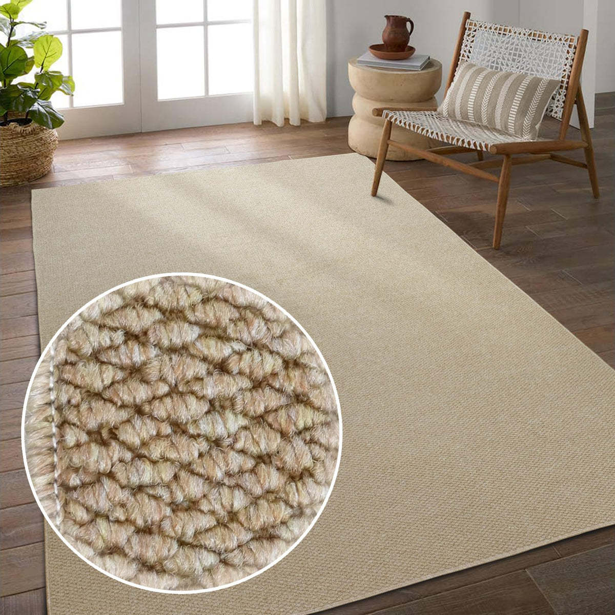 5'x7' Washable Area Rug for Living Room Natural Berber Rug Bedroom Non-Slip Rugs No Shed Faux Jute-Look Area Rugs Non-Skid Washable Area Rug (Camel, 5X7)