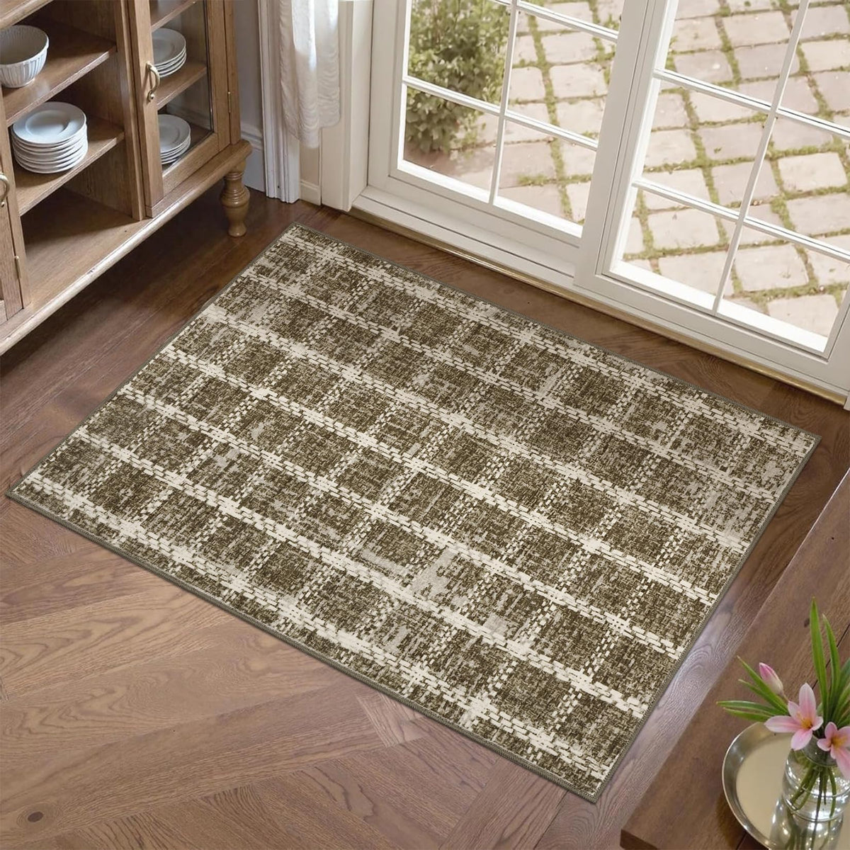 ROYHOME 6x9 Area Rug for Living Room Washable Khaki Brown Checkered Rugs