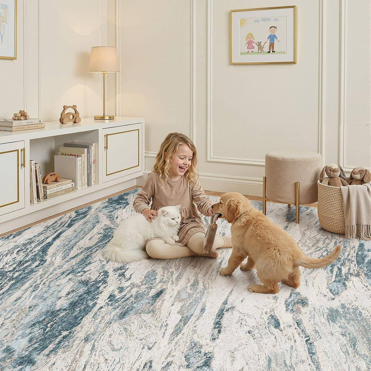 Area Rugs for Living Room: 9X12 Abstract Washable Rug Modern Neutral Large Soft Stain Resistant Non-Slip for Bedroom Dining Room Indoor Home Office Carpet - Blue Brown