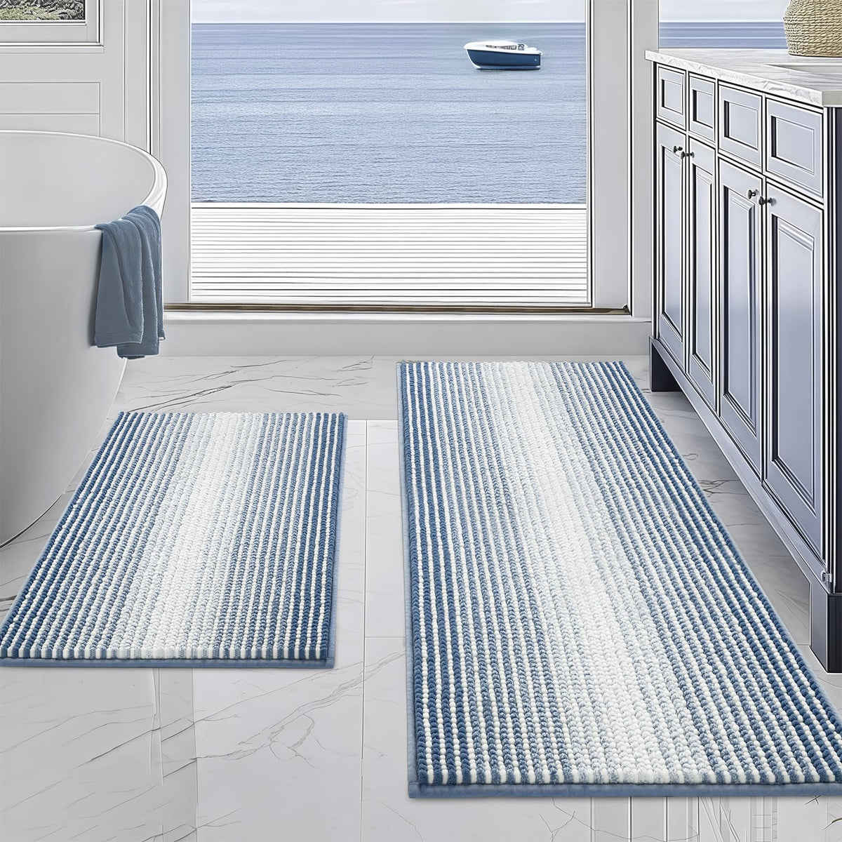 BSICPRO Bathroom Rugs Sets 2 Piece, Modern Bath Mat 20"x47"+20"x32", Blue
