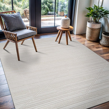 CAMILSON Micro Loop Rug 5x7 Modern Luxury Bordered Area Rugs Soft High and Low Pile Stain Resistant Easy-Cleaning Non-Shedding for Living Room Office Indoor Carpet (5 x 7 / White)