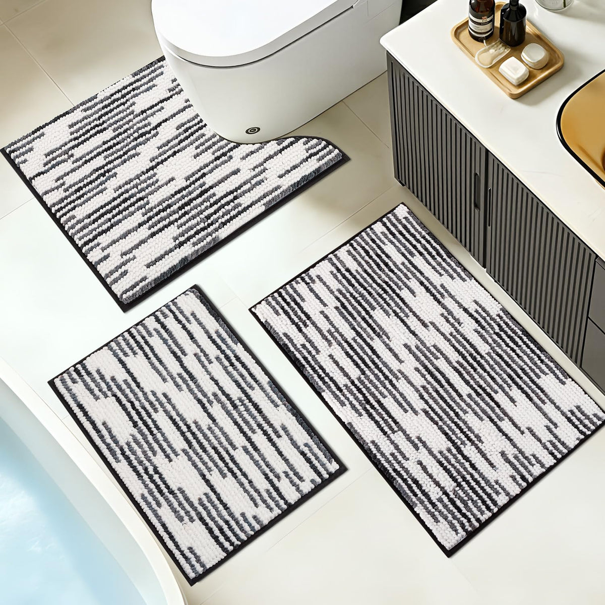 BSICPRO Bathroom Rugs Sets 3 Piece，U-Shaped Toilet Mat Sets，Black and White