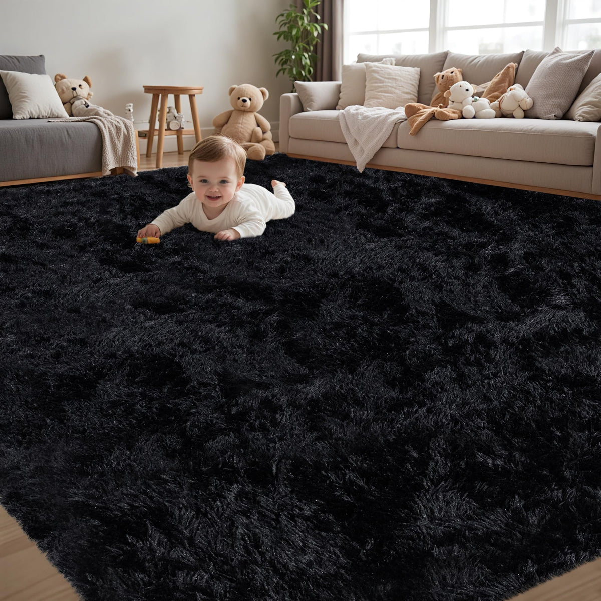 8x10 Area Rug for Living Room,Black Fluffy Shag Non-Slip Bedroom Rugs