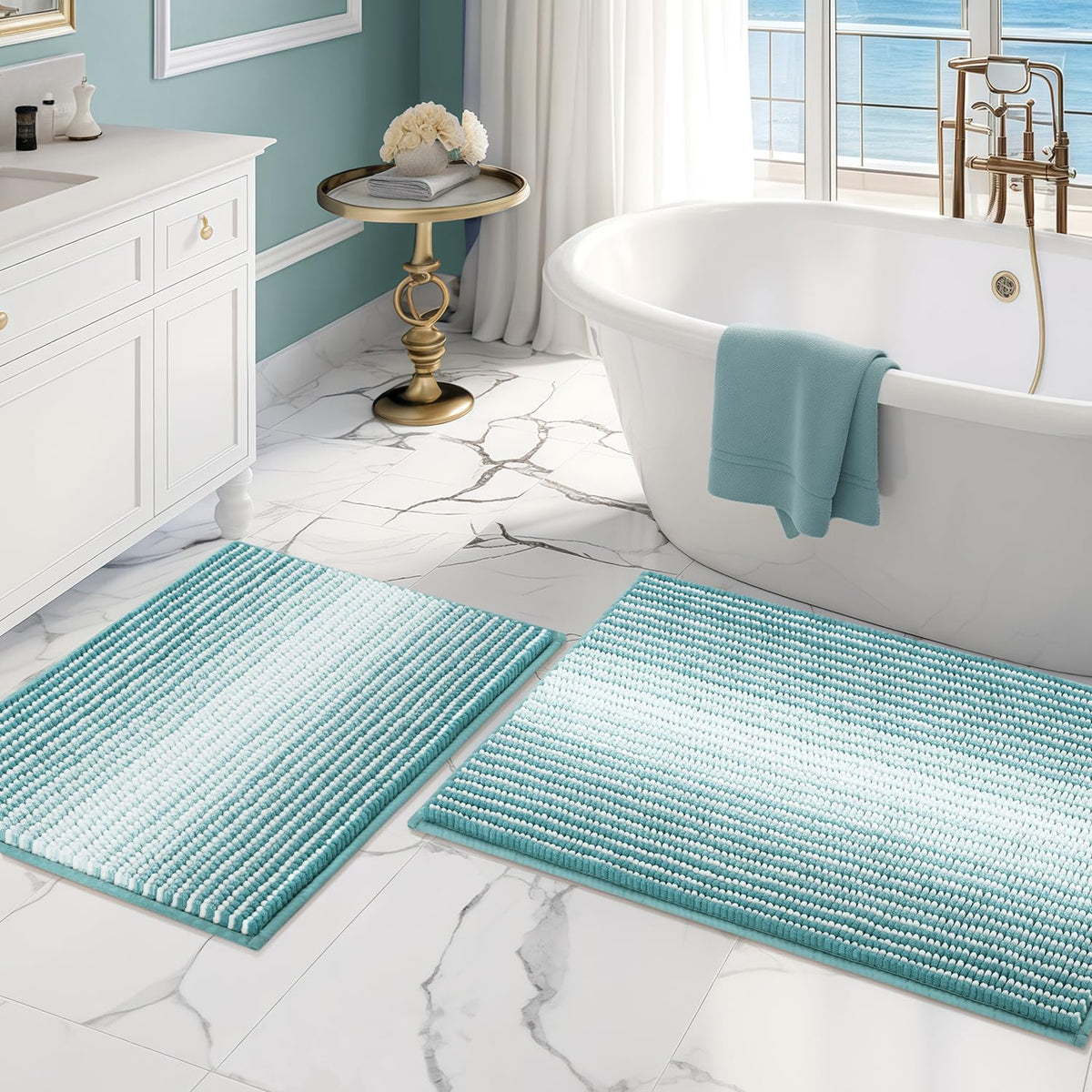 BSICPRO Bathroom Rugs Sets 2 Piece, Modern Bath Mat 20"x47"+20"x32", Blue