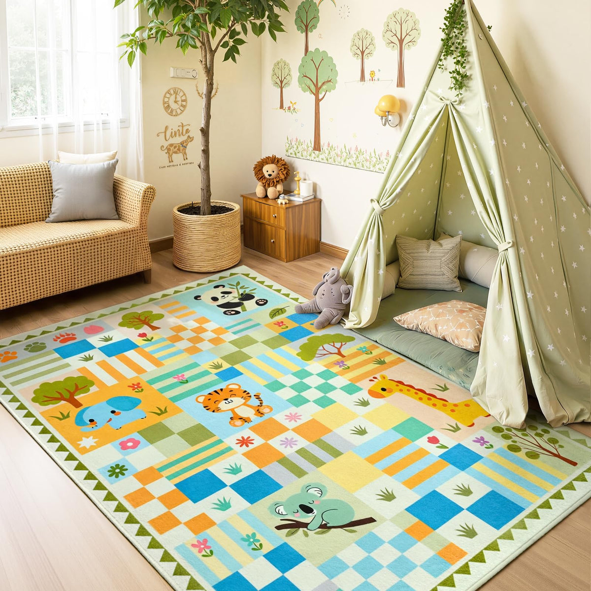 Soft Pink Runner Rug for Girls Bedroom, Washable Non-Slip Hallway Carpet with Cute Colorful Fruit Rainbow Checkered Design, Low Pile Floor Mat