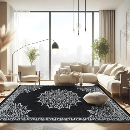 CAMILSON Indoor Outdoor Rug, 6x9 Bordered Dark Grey Black Modern Area Rugs for Indoor and Outdoor Patios, Kitchen and Hallway Mats, Washable Porch Deck Outside Carpet (Bordered Black, 6 x 9)