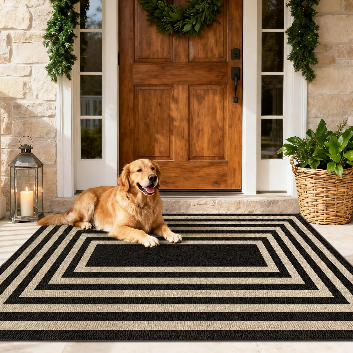 Washable 8x10 Black Striped Easy Jute Indoor Outdoor Rug for Living Room