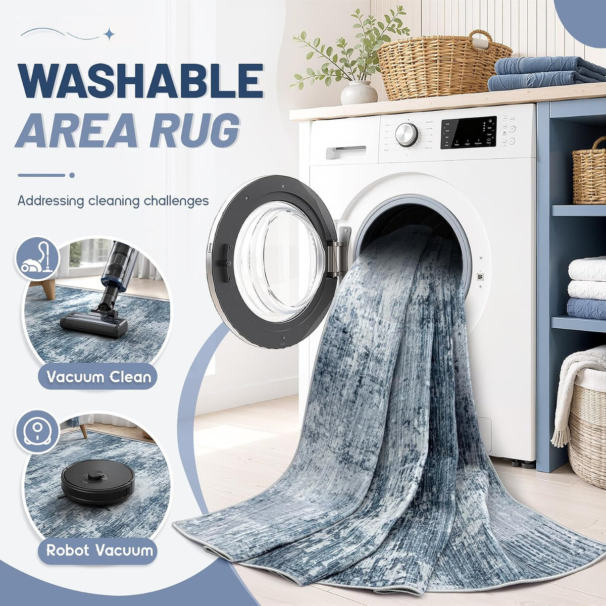 9x12 Area Rugs for Living Room: Washable Modern Abstract Rug Large Neutral Non-Slip Low Pile Indoor Carpet for Bedroom Dining Room Nursery Office (Blue, 9'x12')