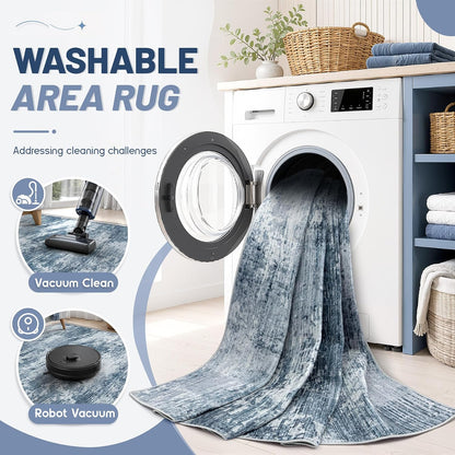 9x12 Area Rugs for Living Room: Washable Modern Abstract Rug Large Neutral Non-Slip Low Pile Indoor Carpet for Bedroom Dining Room Nursery Office (Blue, 9'x12')