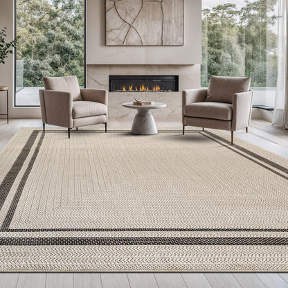 Beverly Rug Easy Jute Bordered Rug 10x14 Washable Large Indoor Outdoor Area Rugs for Living Dining Room Patio Office Stain Resistant Non Shedding Casual Indoor Outside Carpet 10 x 14 Off-White