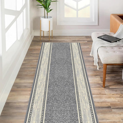 Kapaqua Custom Size Grey Ivory Bordered Rubber Backed Non-Slip Hallway Stair Runner Rug Carpet 31 inch Wide Choose Your Length 31in X 11ft