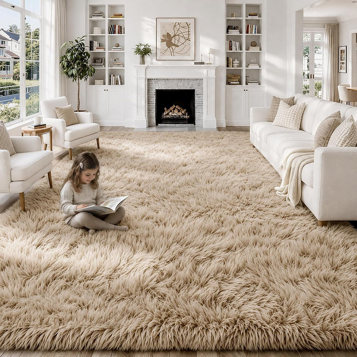 MXSANYOO 8x10 Area Rugs Fluffy Shag Rug for Living Room Bedroom Camel