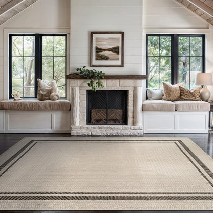 Beverly Rug Easy Jute Bordered Rug 10x14 Washable Large Indoor Outdoor Area Rugs for Living Dining Room Patio Office Stain Resistant Non Shedding Casual Indoor Outside Carpet 10 x 14 Off-White