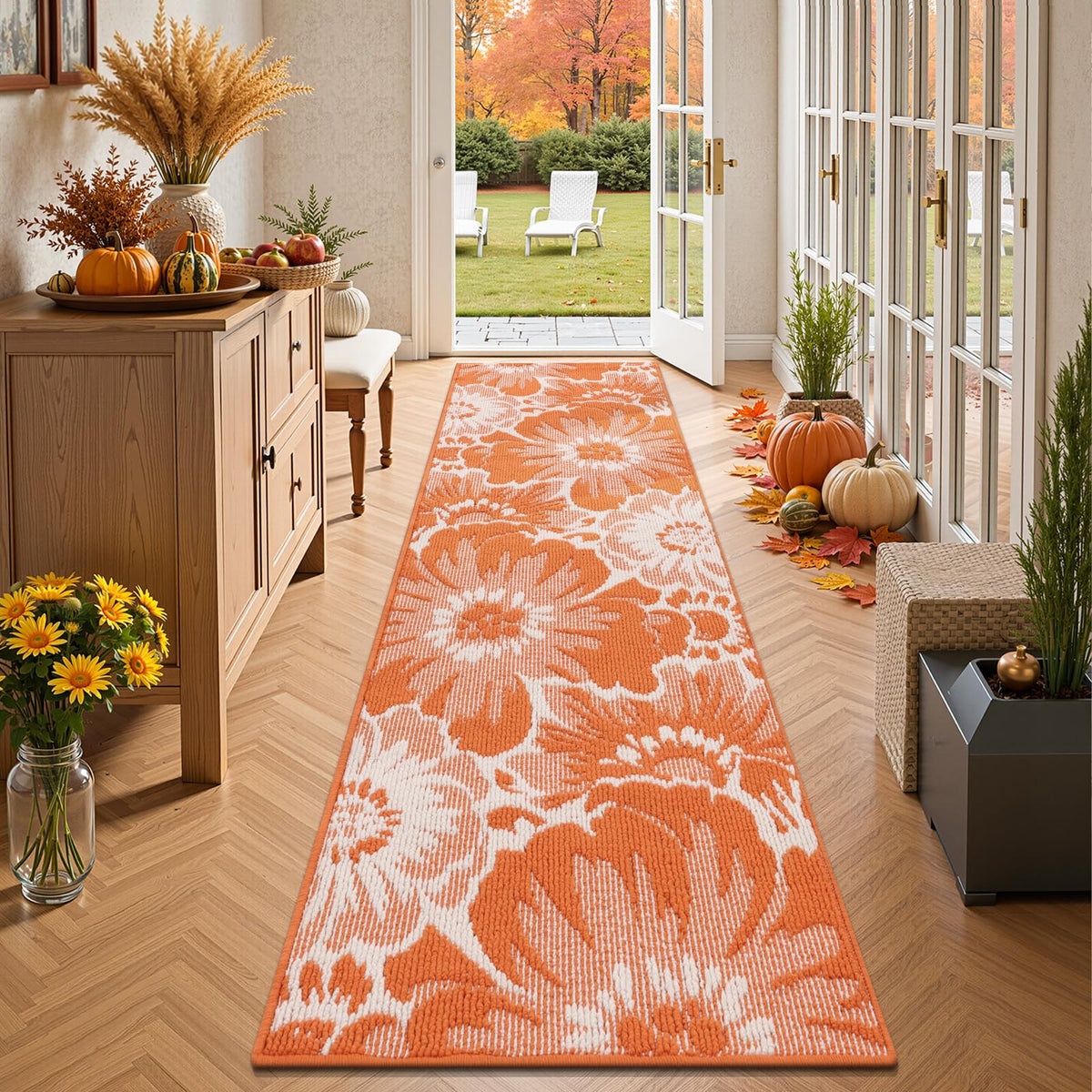 Findosom Hallway Runner Rug 2x6, Non Slip High-Low Textured Floral Washable Runner Rug with Rubber Backing, Boho Carpet Runner for Kitchen, Entryway, Bedroom, Laundry, Black & Beige