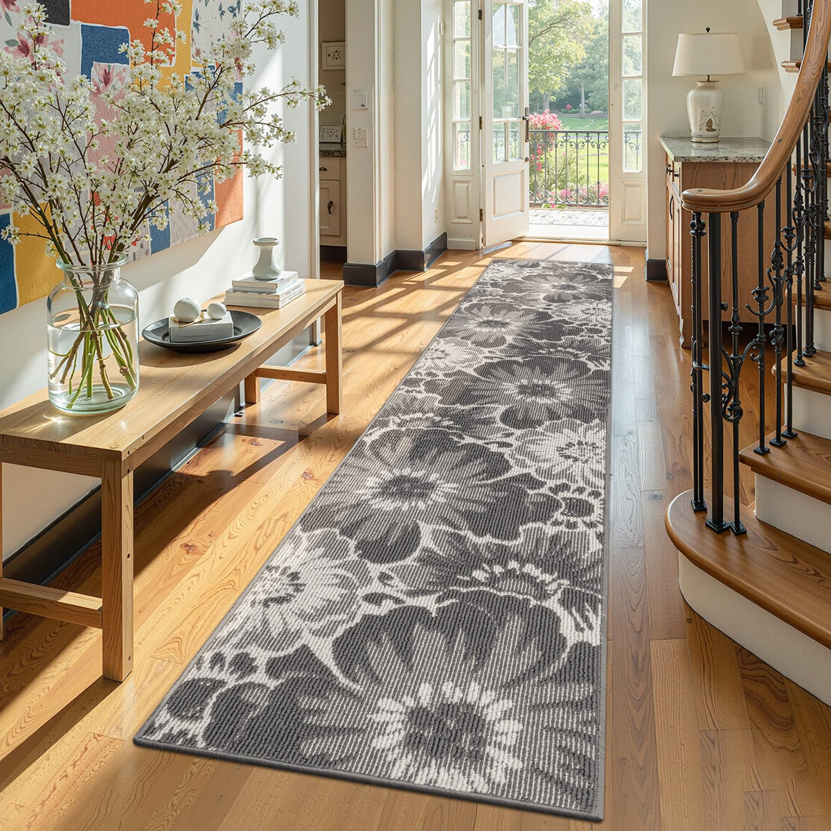 Findosom Hallway Runner Rug 2x6, Non Slip High-Low Textured Floral Washable Runner Rug with Rubber Backing, Boho Carpet Runner for Kitchen, Entryway, Bedroom, Laundry, Black & Beige