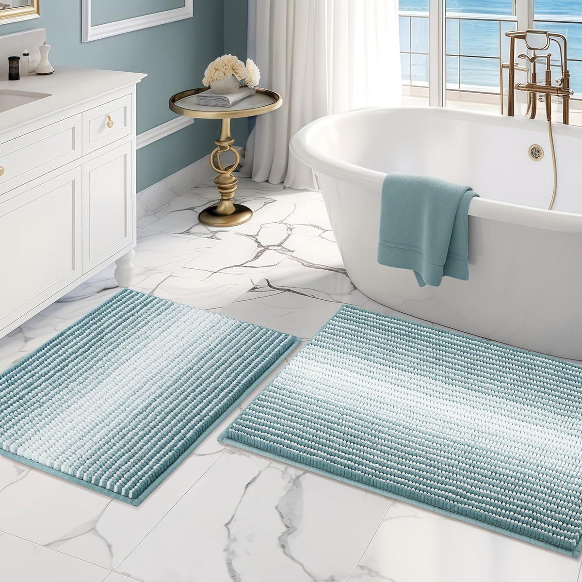 BSICPRO Bathroom Rugs Sets 2 Piece, Modern Bath Mat 20"x47"+20"x32", Blue