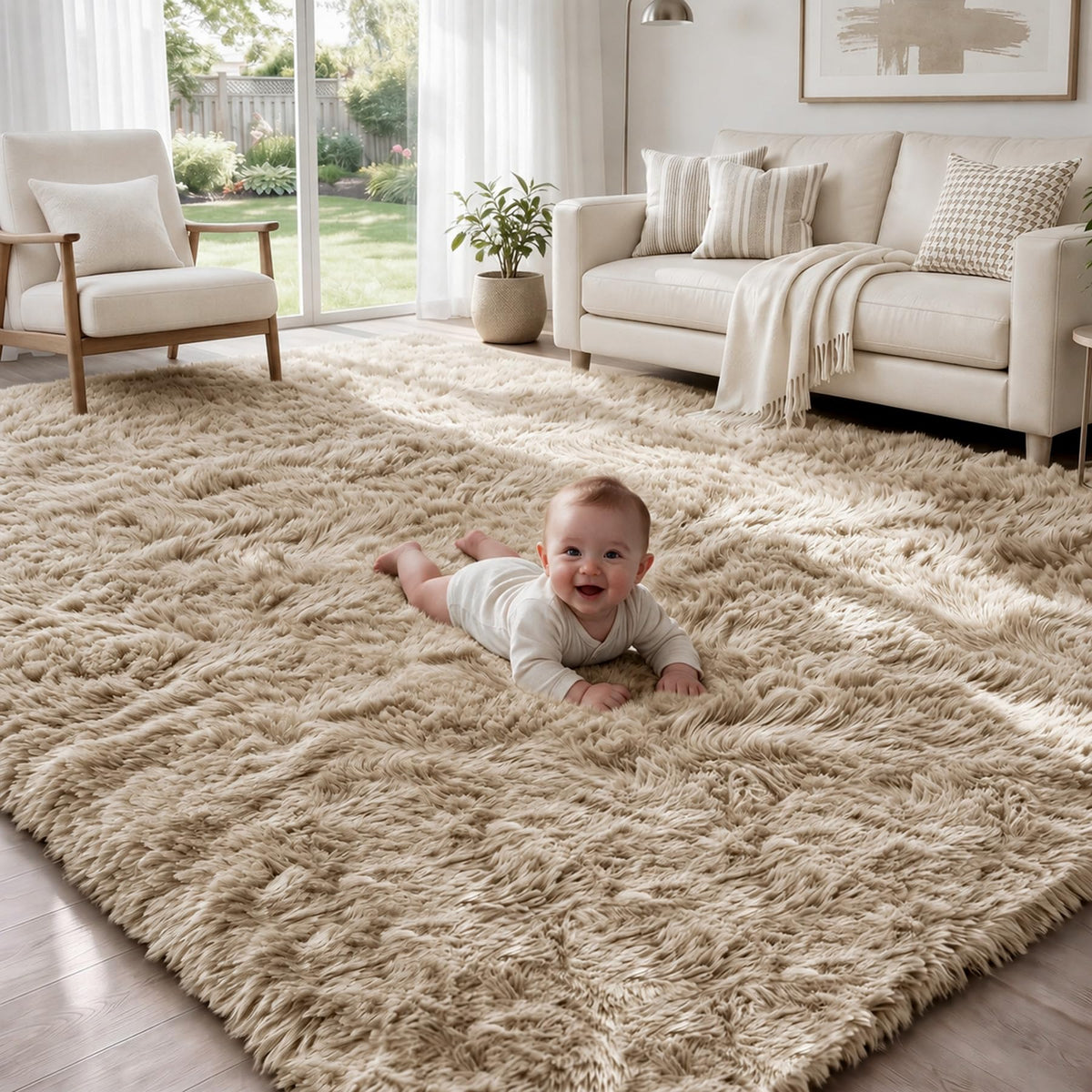 MXSANYOO 8x10 Area Rugs Fluffy Shag Rug for Living Room Bedroom Camel