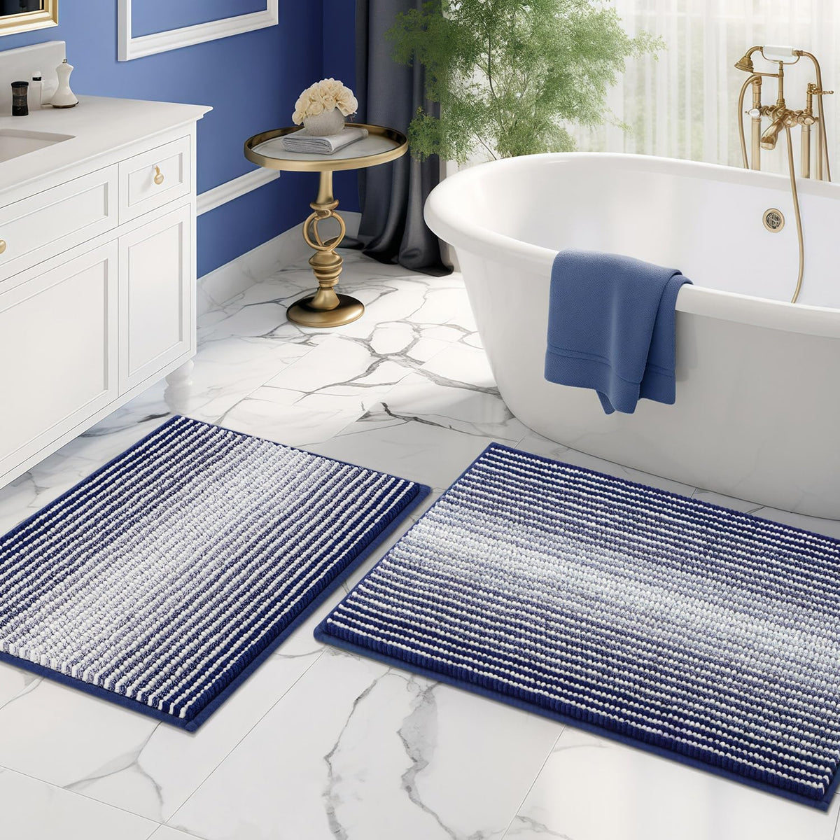 BSICPRO Bathroom Rugs Sets 2 Piece, Modern Bath Mat 20"x47"+20"x32", Blue