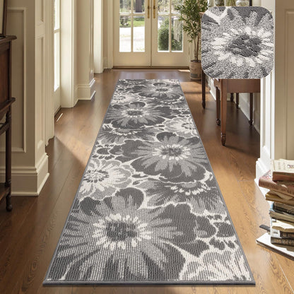 Findosom Hallway Runner Rug 2x6, Non Slip High-Low Textured Floral Washable Runner Rug with Rubber Backing, Boho Carpet Runner for Kitchen, Entryway, Bedroom, Laundry, Black & Beige