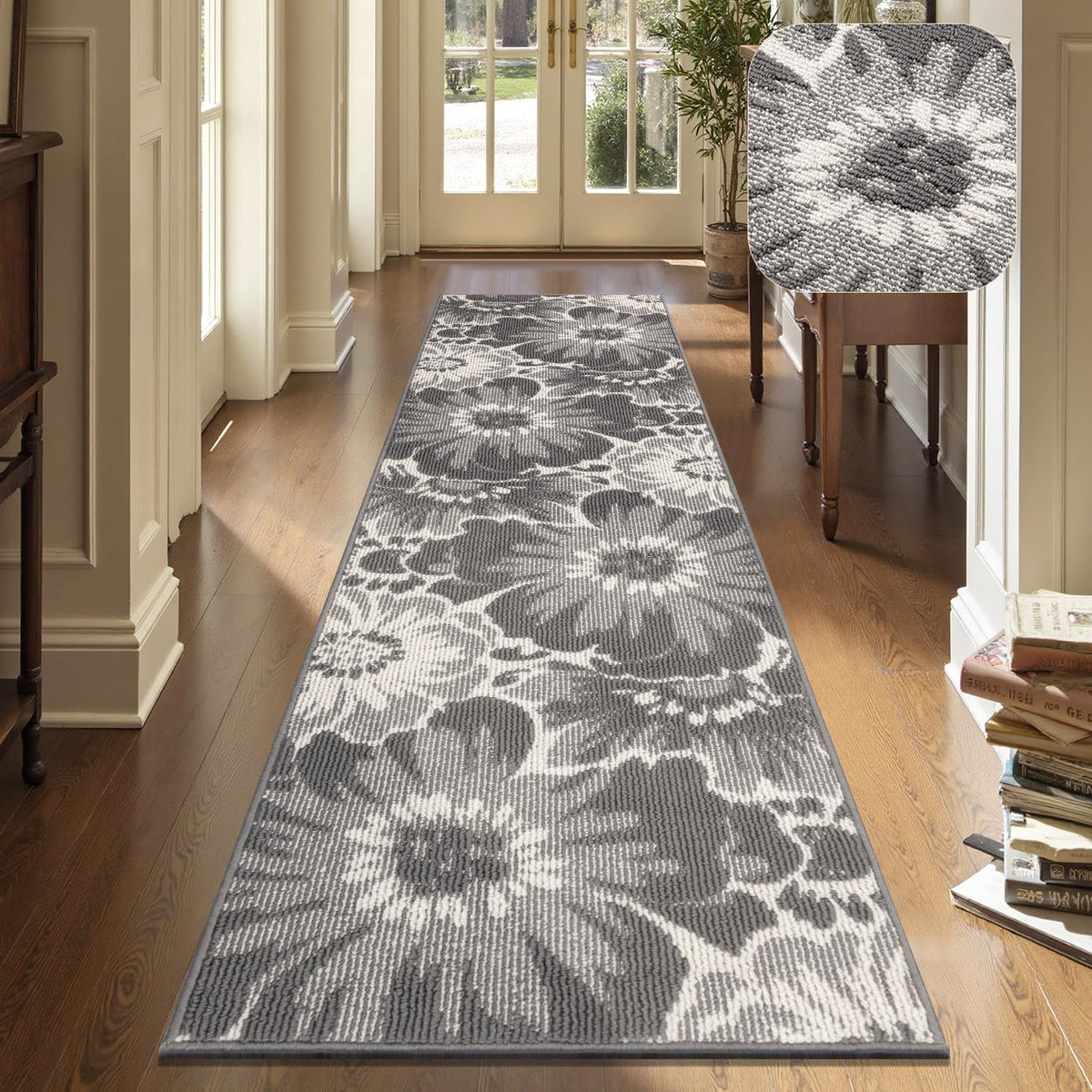 Findosom Hallway Runner Rug 2x6, Non Slip High-Low Textured Floral Washable Runner Rug with Rubber Backing, Boho Carpet Runner for Kitchen, Entryway, Bedroom, Laundry, Black & Beige