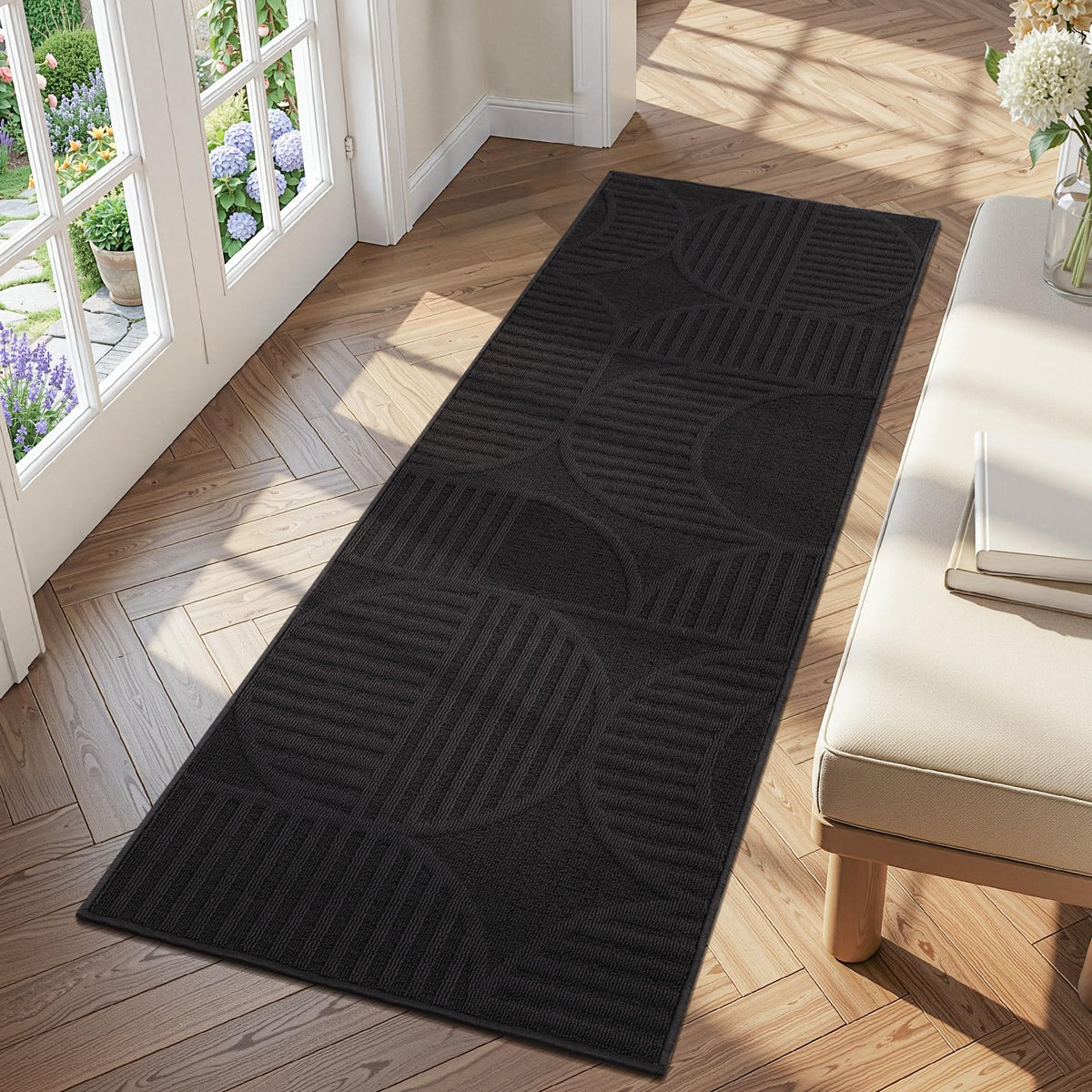 Findosom Hallway Runner Rug 2x6, Non Slip High-Low Textured Floral Washable Runner Rug with Rubber Backing, Boho Carpet Runner for Kitchen, Entryway, Bedroom, Laundry, Black & Beige