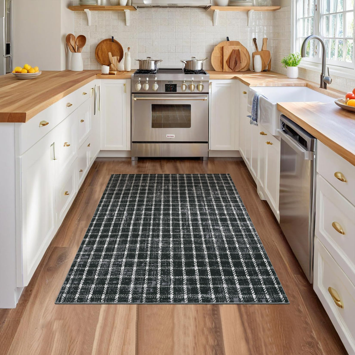 ROYHOME 6x9 Area Rug for Living Room Washable Khaki Brown Checkered Rugs
