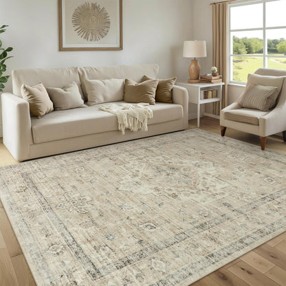 LIVEBOX Washable Area Rug 5x7 Rugs for Living Room Bedroom, Non-Slip Boho Neutral Carpet for Dining Room Office, Low-Pile Farmhouse Soft Carpets for Kids Nursery Room Playroom, Tan