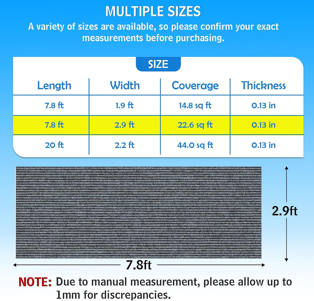 Self-Adhesive 2.9 ft x 7.8 ft Marine Carpet, Waterproof Boat Carpet, Suitable for Outdoor, Passageway, Indoor
