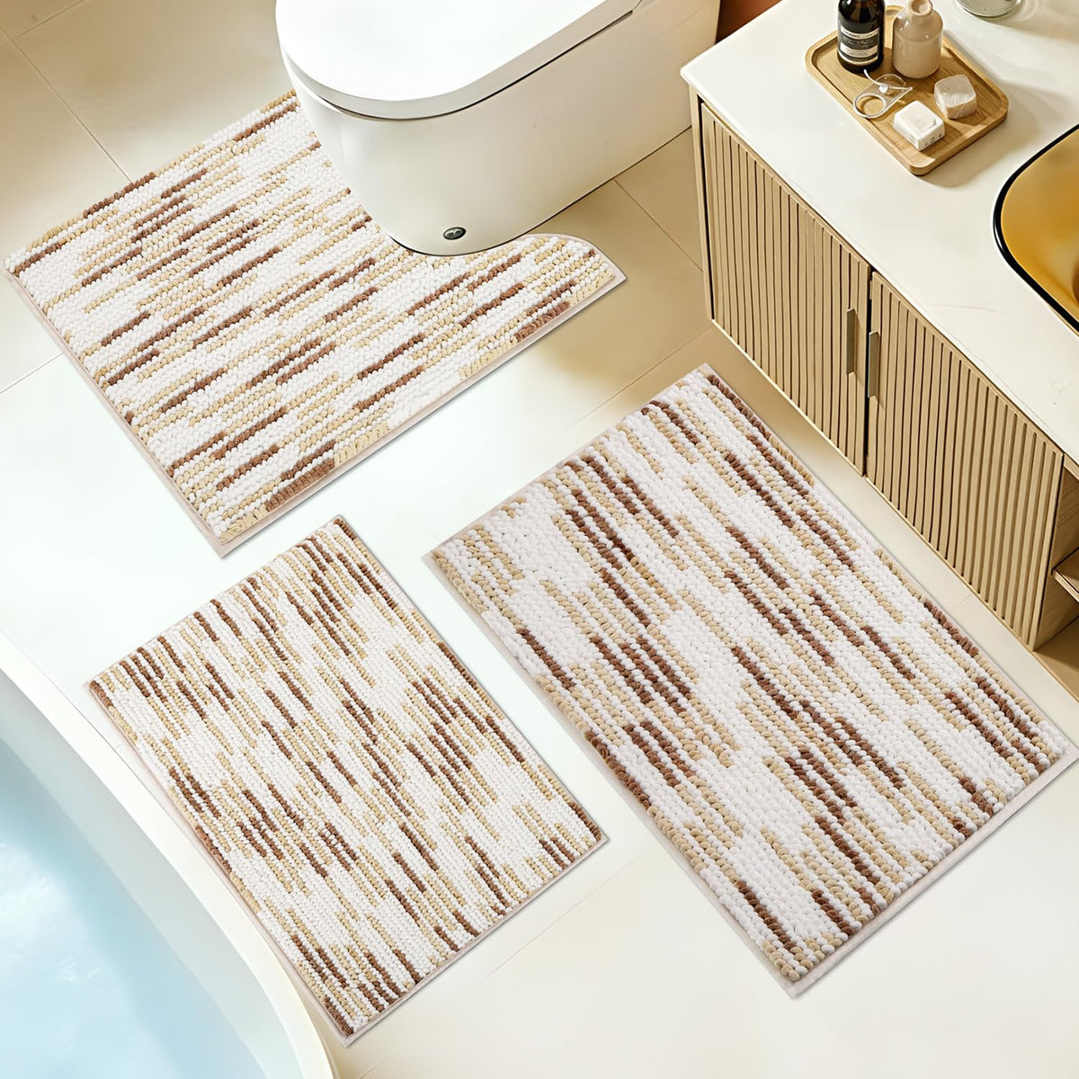 BSICPRO Bathroom Rugs Sets 3 Piece，U-Shaped Toilet Mat Sets，Black and White