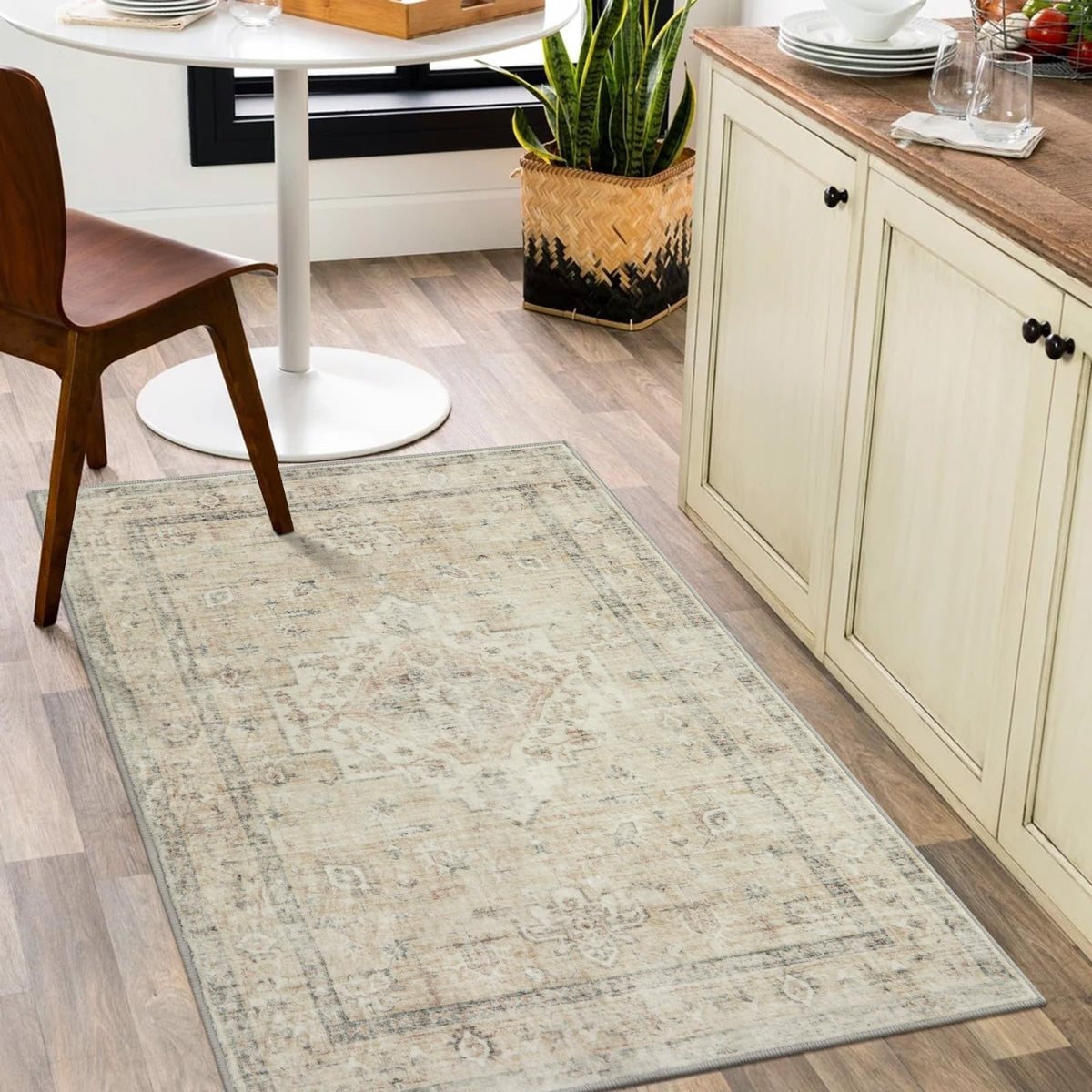 LIVEBOX Washable Area Rug 5x7 Rugs for Living Room Bedroom, Non-Slip Boho Neutral Carpet for Dining Room Office, Low-Pile Farmhouse Soft Carpets for Kids Nursery Room Playroom, Tan