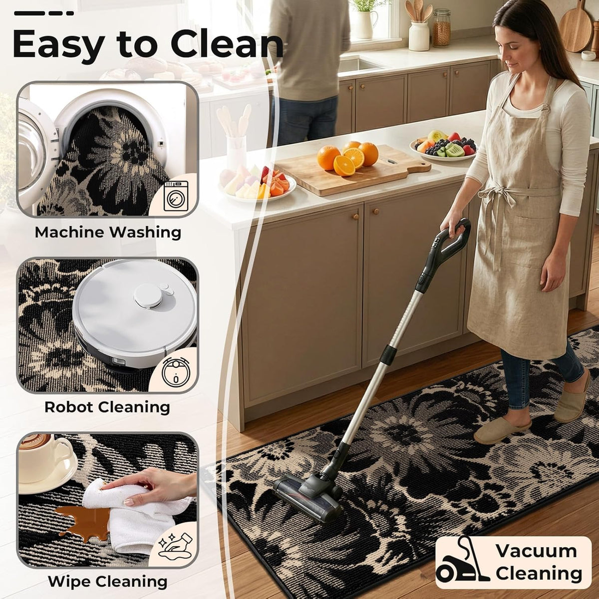 Findosom Hallway Runner Rug 2x6, Non Slip High-Low Textured Floral Washable Runner Rug with Rubber Backing, Boho Carpet Runner for Kitchen, Entryway, Bedroom, Laundry, Black & Beige