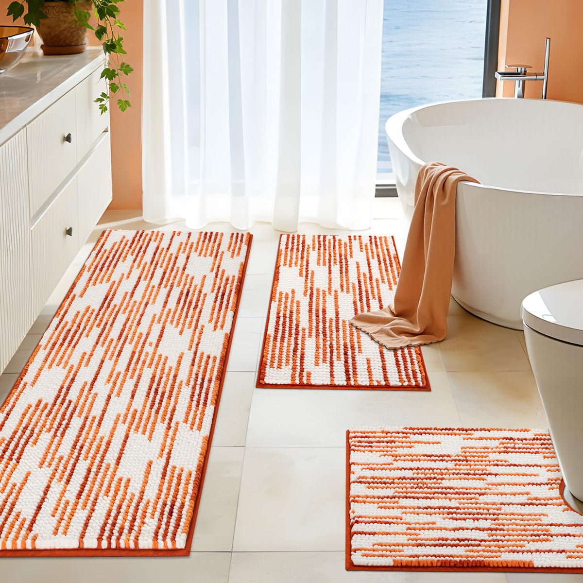 BSICPRO Bathroom Rugs Sets 3 Piece，U-Shaped Toilet Mat Sets，Black and White