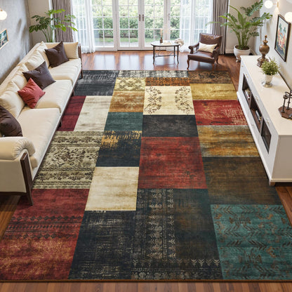 DweIke Washable Area Rugs 5x7 for Living Room, Modern Geometric Green Soft Patchwork Carpet, Non-Slip Stain Resistant Throw Rug for Bedroom Dining Room Office Home Decor