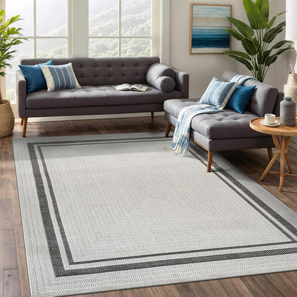 Beverly Rug Easy Jute Bordered Rug 10x14 Washable Large Indoor Outdoor Area Rugs for Living Dining Room Patio Office Stain Resistant Non Shedding Casual Indoor Outside Carpet 10 x 14 Off-White