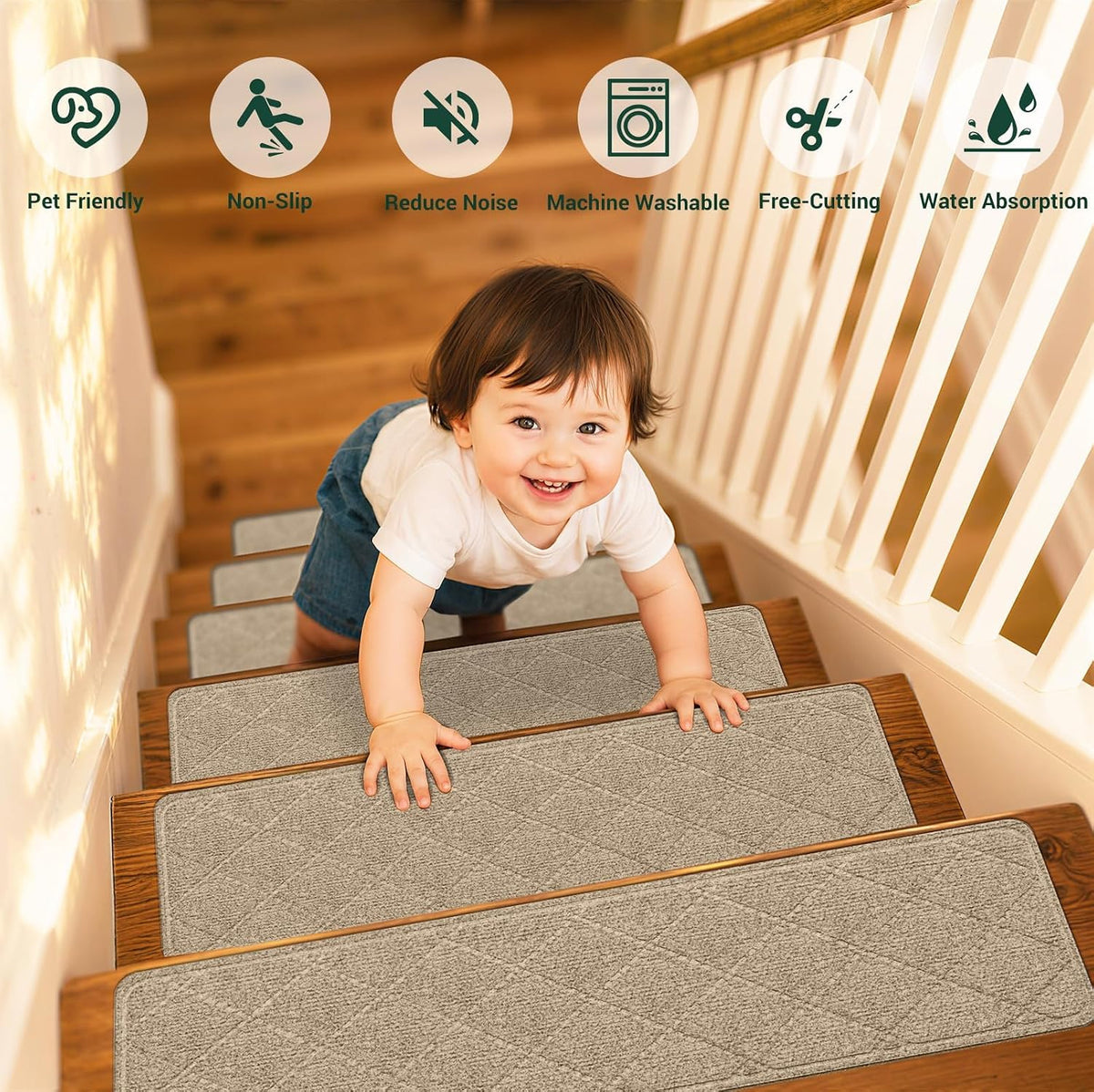 15 Pcs Stair Treads Non-Slip for Wooden Steps, 8"x30" Beige