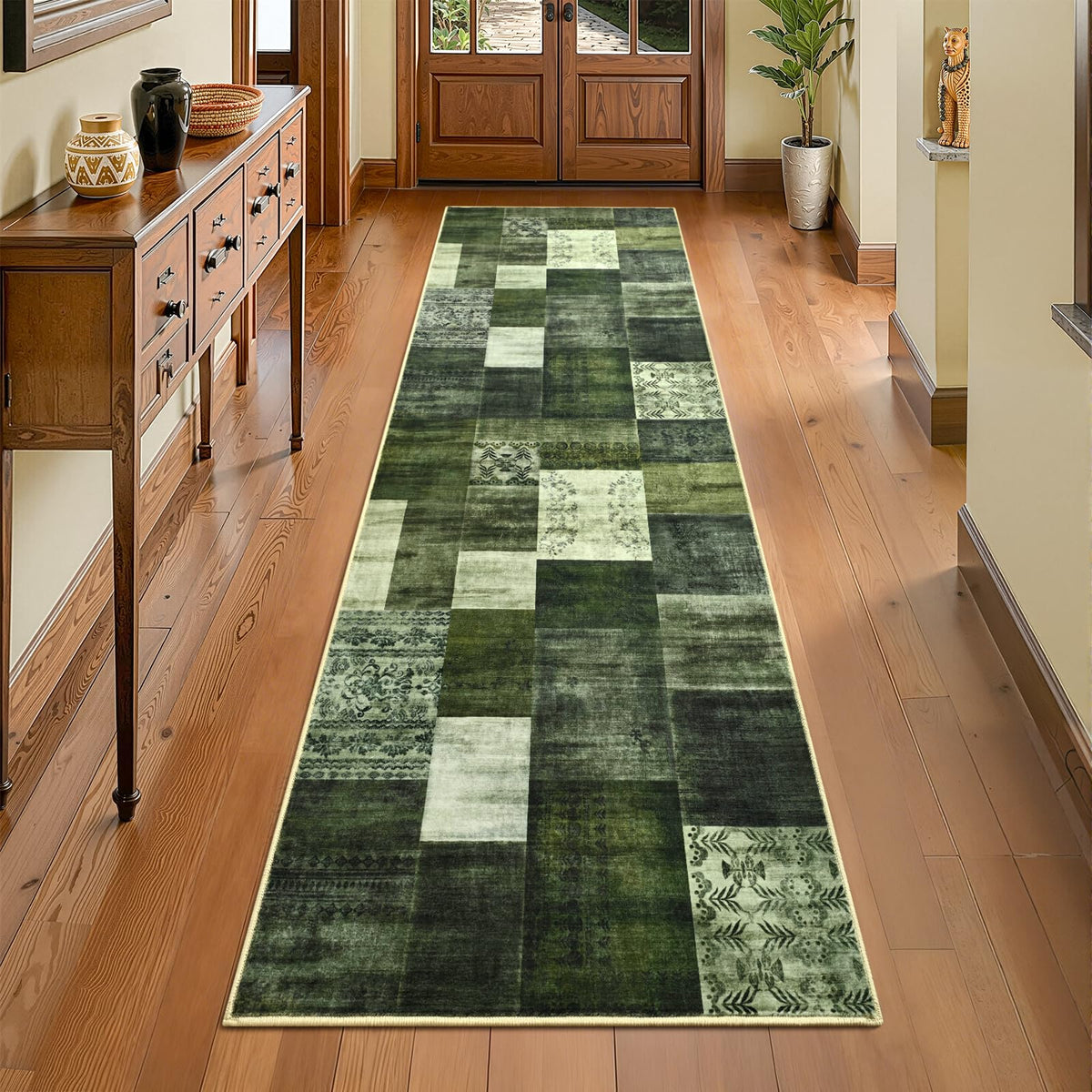 DweIke Washable Area Rugs 5x7 for Living Room, Modern Geometric Green Soft Patchwork Carpet, Non-Slip Stain Resistant Throw Rug for Bedroom Dining Room Office Home Decor