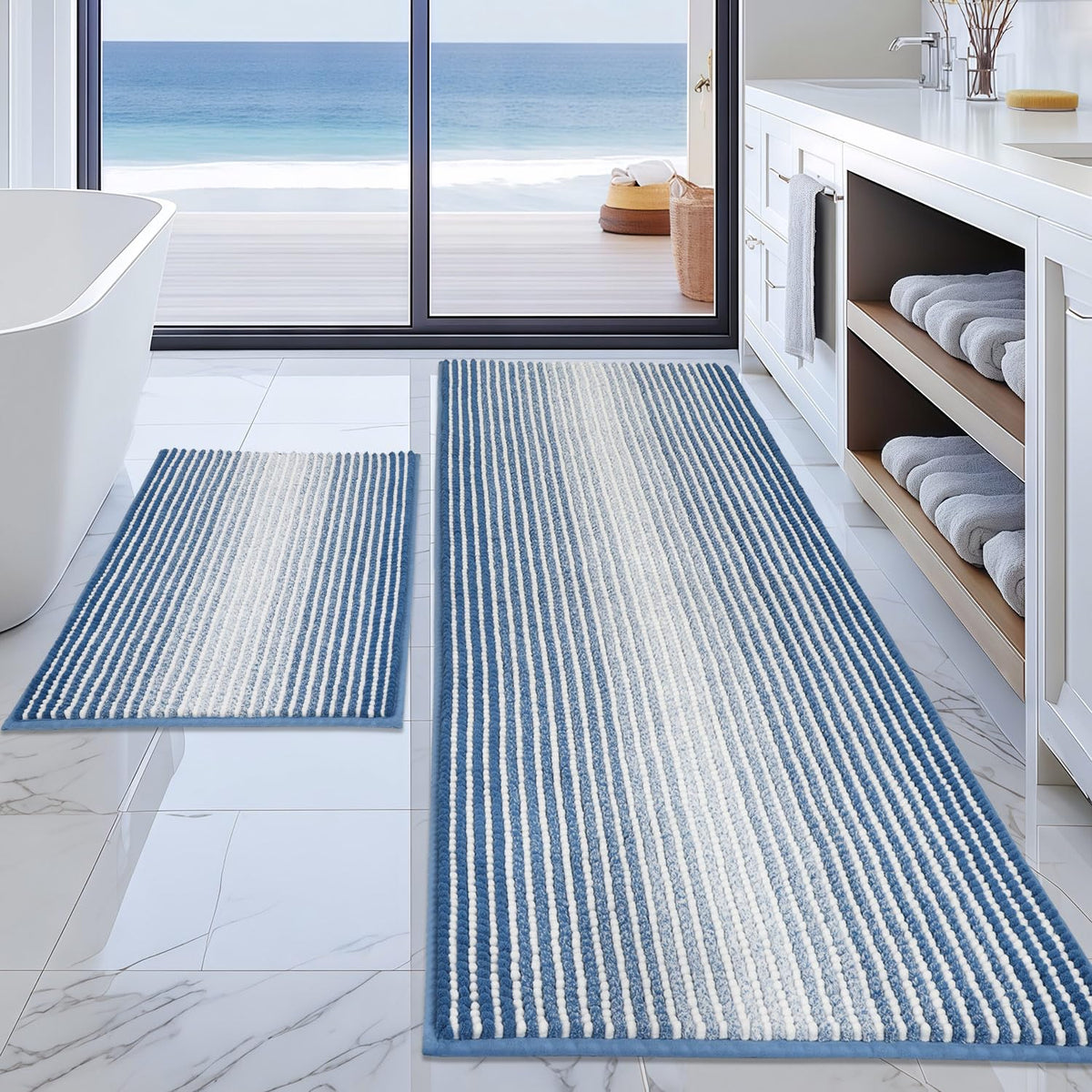 BSICPRO Bathroom Rugs Sets 2 Piece, Modern Bath Mat 20"x47"+20"x32", Blue
