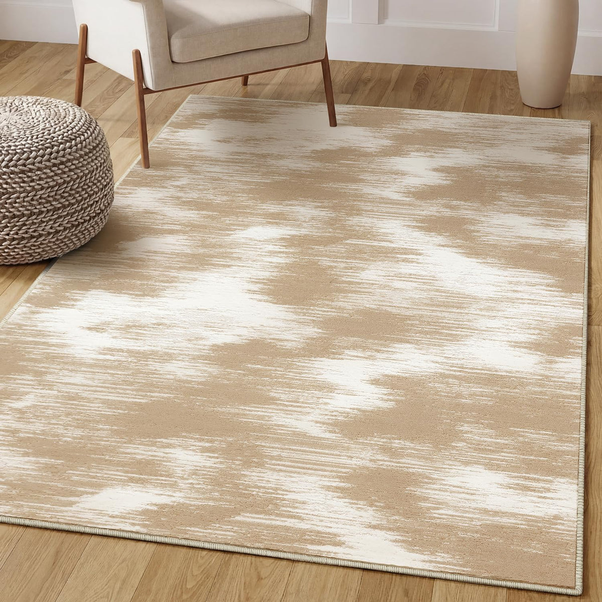 Beige Washable Area Rug 9x12 High-Low Pile Carpet for Living Room
