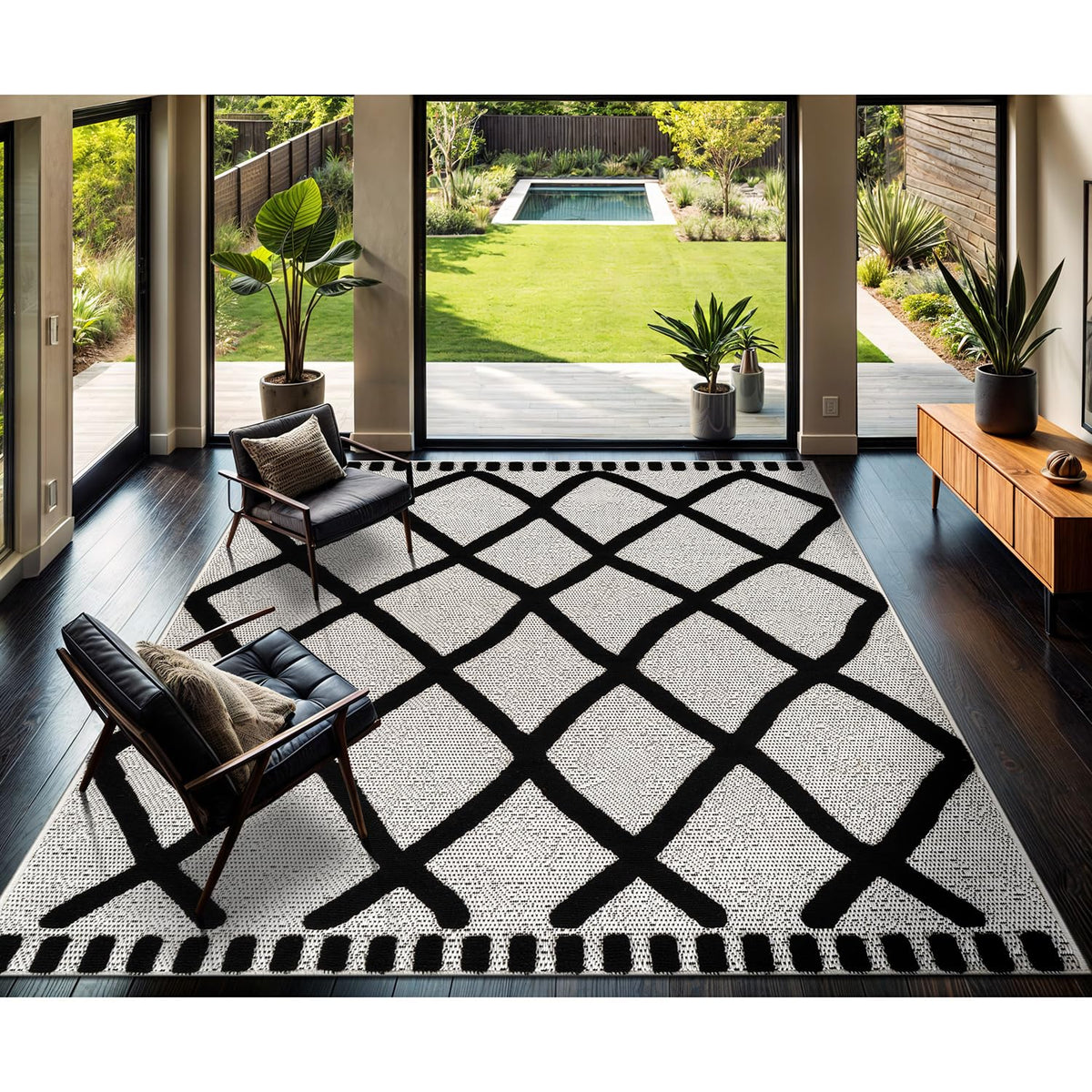 CAMILSON Modern Rug 6x9 Luxury Geometric Pattern Micro Loop Area Rugs Soft High and Low Pile Stain Resistant Easy to Clean Non-Shedding Durable Living Room Office Indoor Carpet (White/Black)