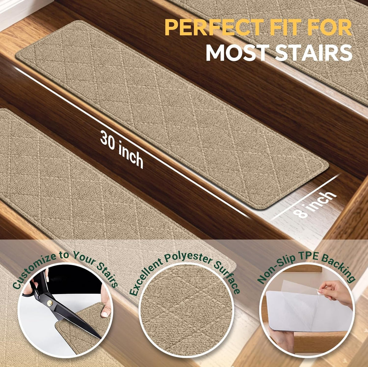 15 Pcs Stair Treads Non-Slip for Wooden Steps, 8"x30" Beige