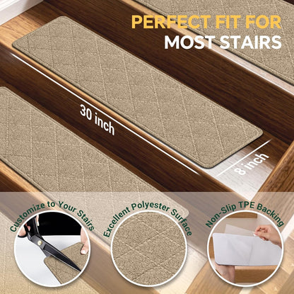 15 Pcs Stair Treads Non-Slip for Wooden Steps, 8"x30" Beige