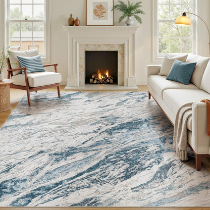 Area Rugs for Living Room: 9X12 Abstract Washable Rug Modern Neutral Large Soft Stain Resistant Non-Slip for Bedroom Dining Room Indoor Home Office Carpet - Blue Brown