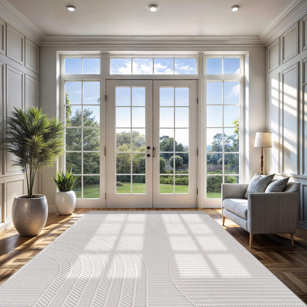 CAMILSON Modern Rug 6x9 Luxury Geometric Pattern Micro Loop Area Rugs Soft High and Low Pile Stain Resistant Easy to Clean Non-Shedding Durable Living Room Office Indoor Carpet (White/Black)