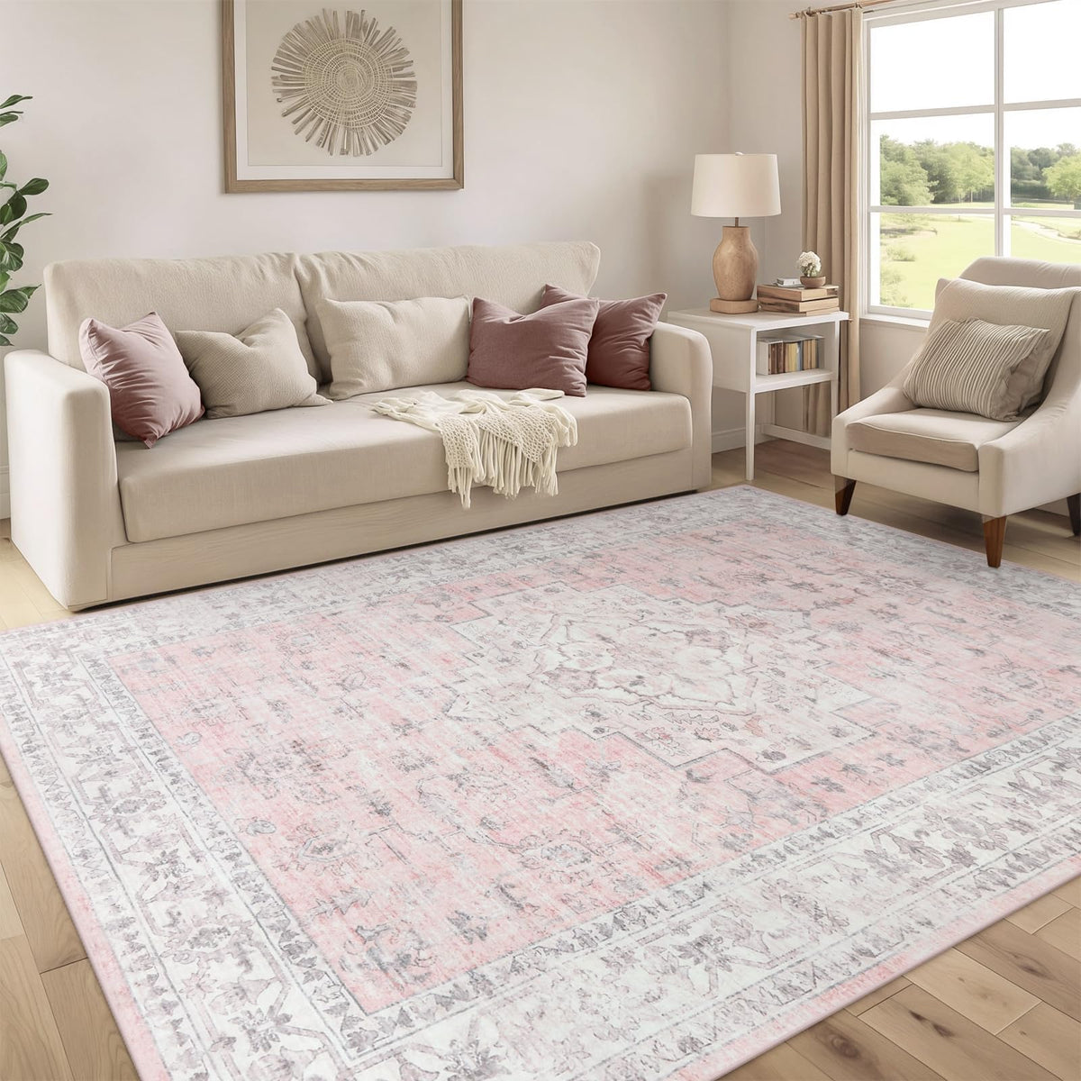 LIVEBOX Washable Area Rug 5x7 Rugs for Living Room Bedroom, Non-Slip Boho Neutral Carpet for Dining Room Office, Low-Pile Farmhouse Soft Carpets for Kids Nursery Room Playroom, Tan