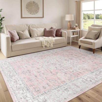 LIVEBOX Washable Area Rug 5x7 Rugs for Living Room Bedroom, Non-Slip Boho Neutral Carpet for Dining Room Office, Low-Pile Farmhouse Soft Carpets for Kids Nursery Room Playroom, Tan