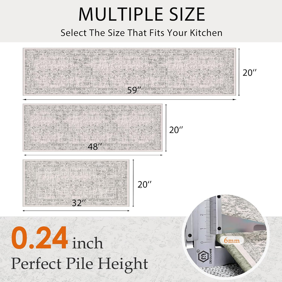 HUGEAR 3-Piece Grey Neutral Kitchen Rug Set
