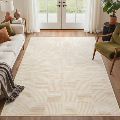 GENIMO Beige Rug 5x7 Washable Area Rugs for Living Room, Soft High Low Pile