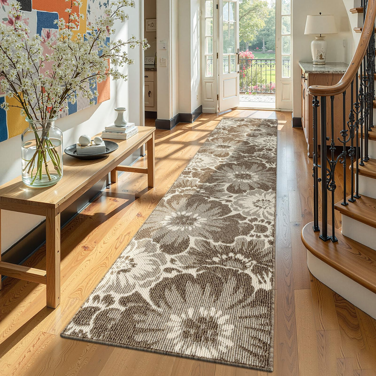 Findosom Hallway Runner Rug 2x6, Non Slip High-Low Textured Floral Washable Runner Rug with Rubber Backing, Boho Carpet Runner for Kitchen, Entryway, Bedroom, Laundry, Black & Beige