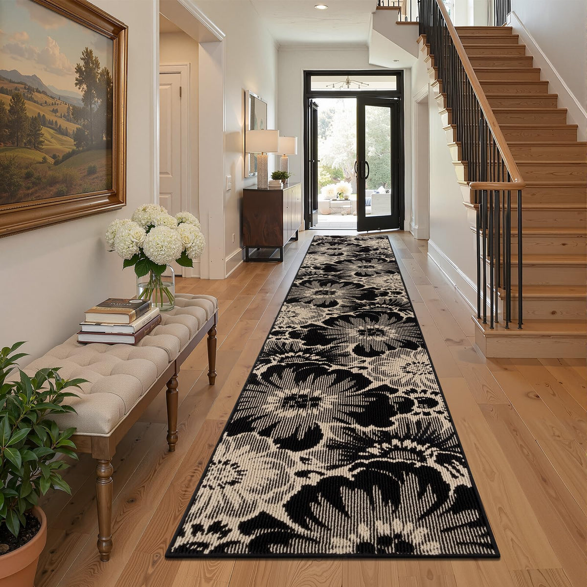 Findosom Hallway Runner Rug 2x6, Non Slip High-Low Textured Floral Washable Runner Rug with Rubber Backing, Boho Carpet Runner for Kitchen, Entryway, Bedroom, Laundry, Black & Beige