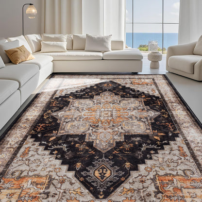 Carvapet Washable 3x5 Area Rug Orange Blue Vintage Floral Carpet